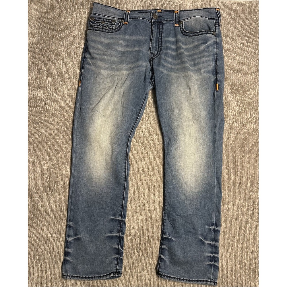 True Religion Ricky Relaxed Straight Jeans Mens Size 40 Blue Stitch Denim